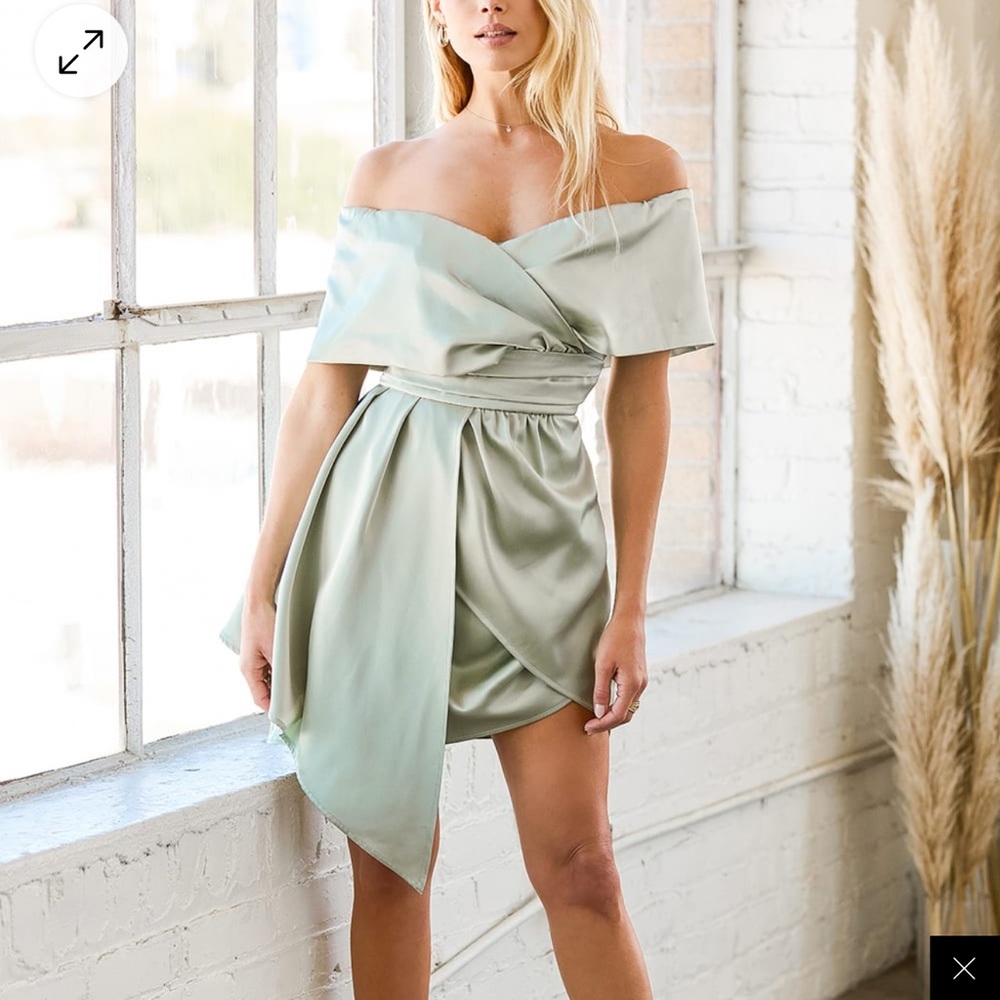 Always Celebrating Sage Green Satin Off-the-Shoulder Mini Dress